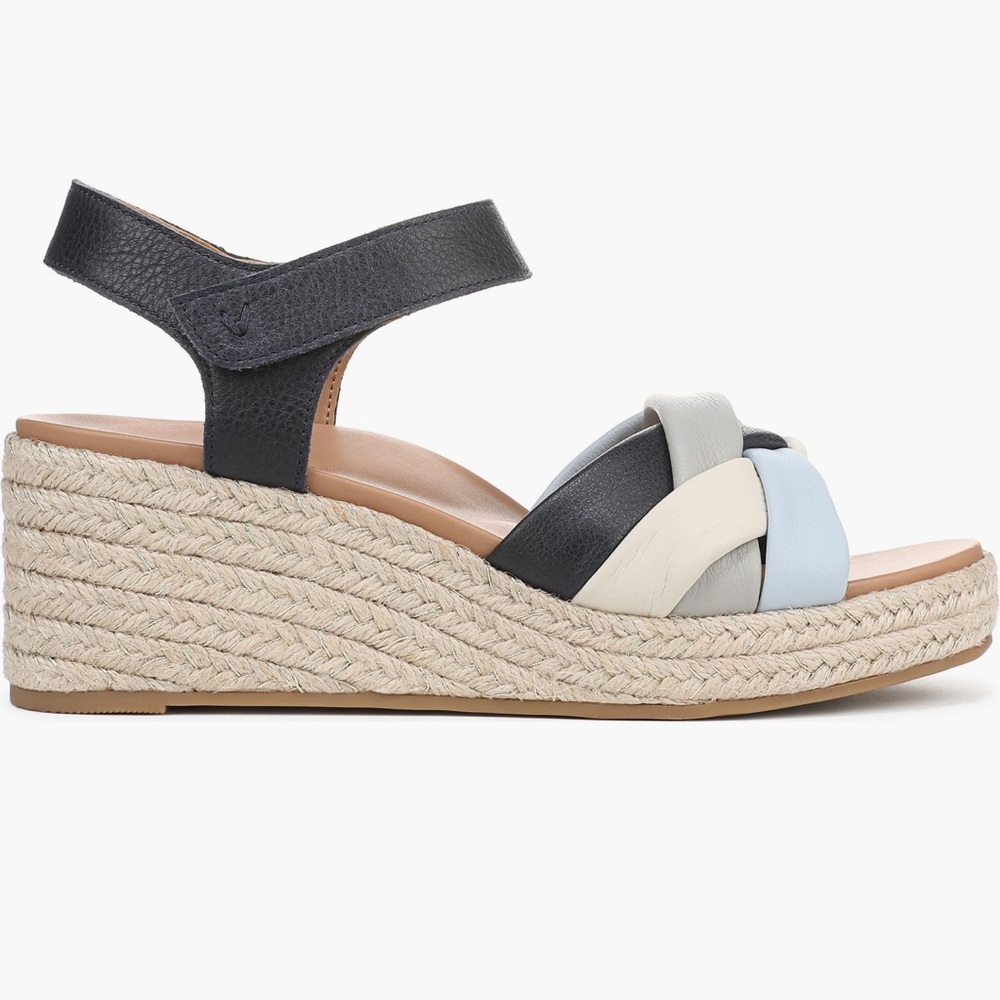 Vionic Saratoga Espadrille Wedge Sandals Wide Size 9 Blue Leather Comfort - Picture 4 of 11